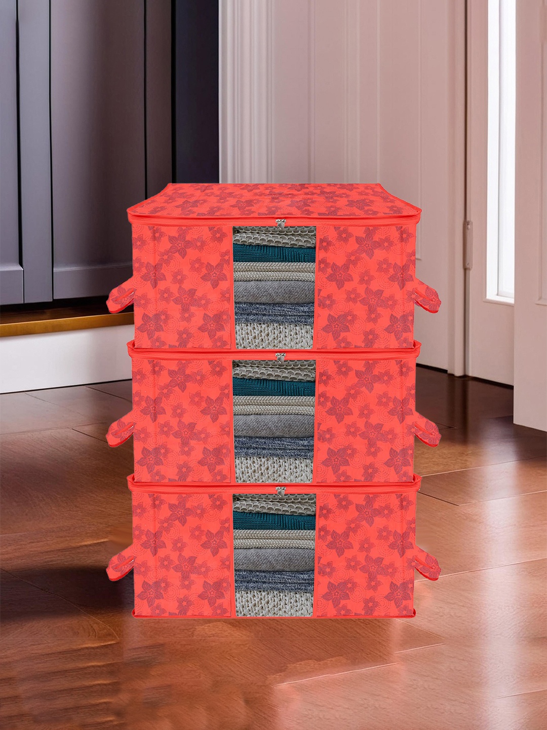 

Kuber Industries Red 3 Pieces Printed Saree Organizers