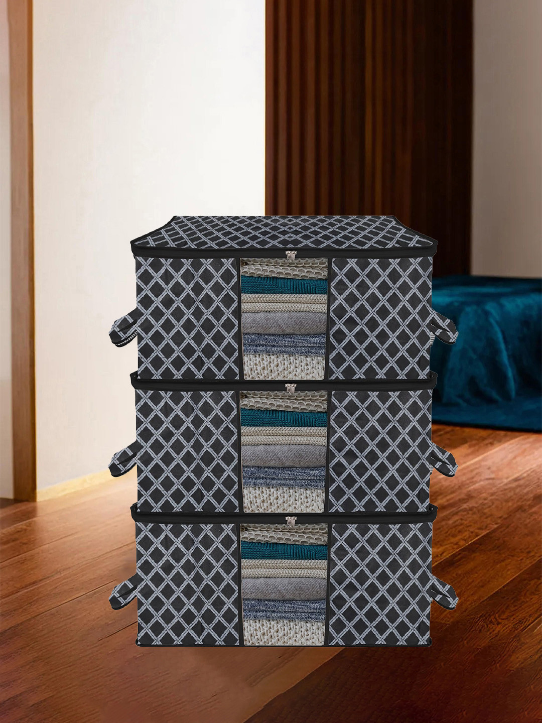 

Kuber Industries Black & Grey 3 Pieces Printed Storage Bag Organiser