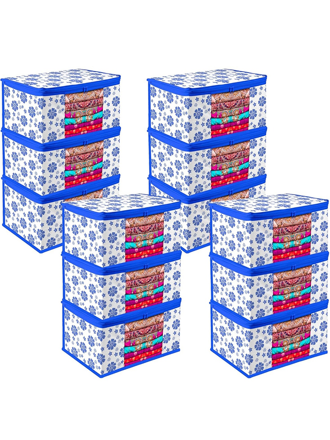 

Kuber Industries White & Blue 12 Pieces Printed Saree Organizers