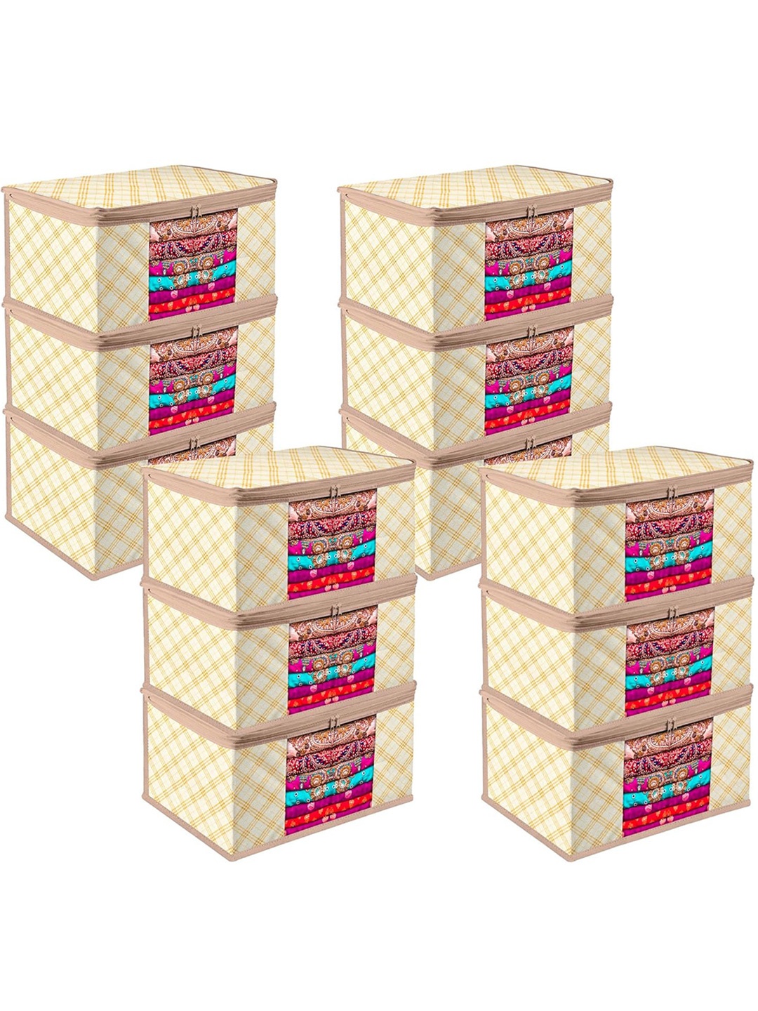 

Kuber Industries Yellow & Brown 6 Pieces Checked Storage Bag Organiser, Cream