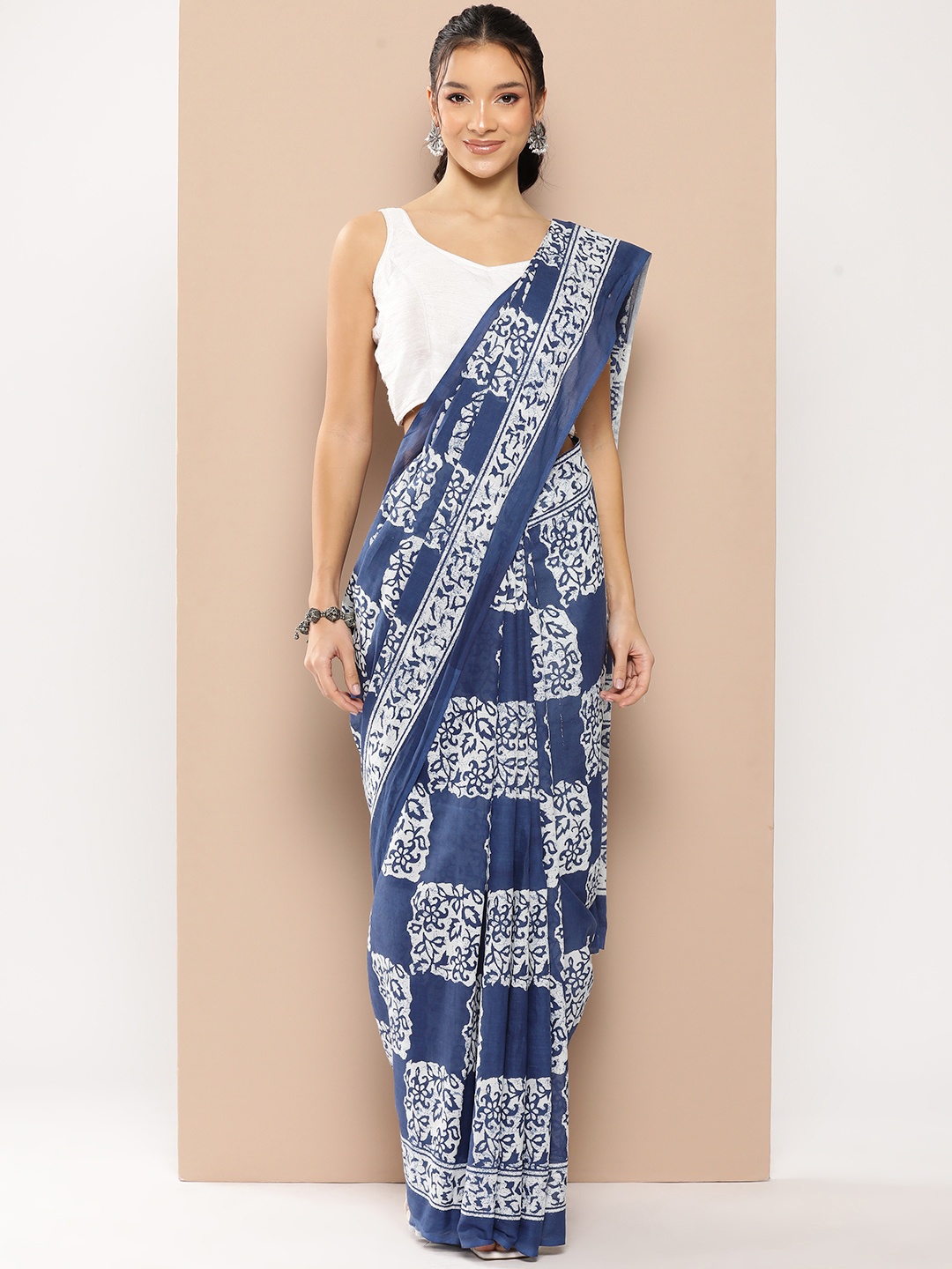 

Yufta Blue Ethnic Motifs Voile Block Print Saree