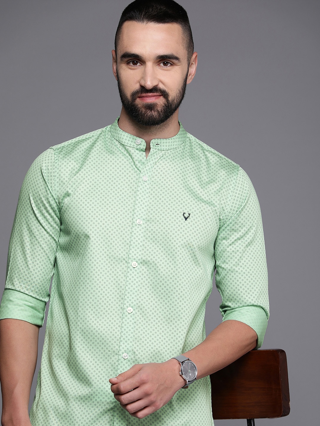 

Allen Solly Pure Cotton Modern Slim Fit Geometric Printed Casual Shirt, Green