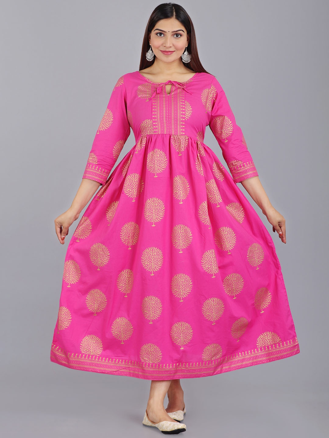 

AAYUMI Ethnic Motifs Printed Tie-Up Neck Fit & Flare Ethnic Dress, Pink