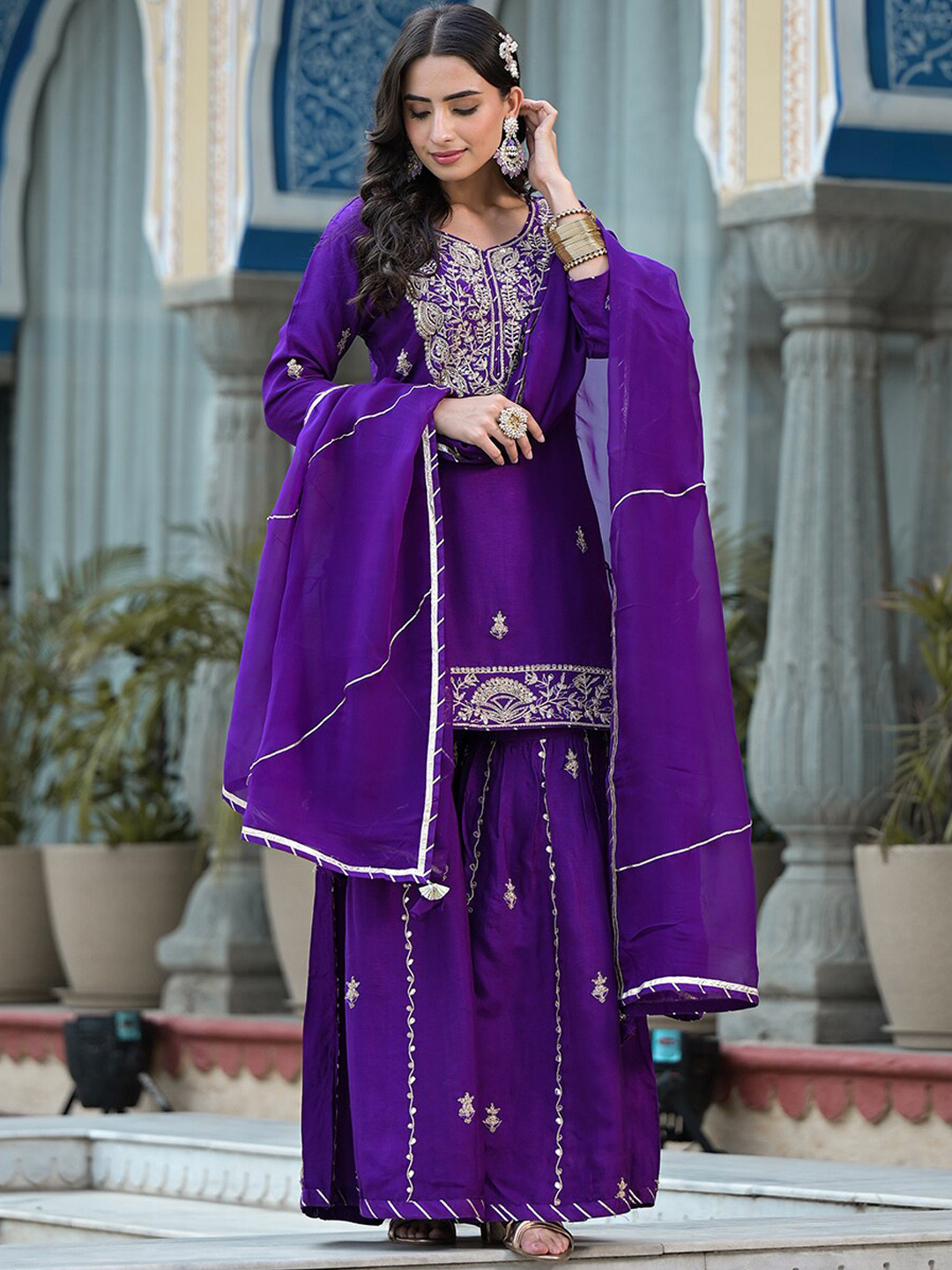 

Divena Ethnic Motifs Embroidered Pure Silk Straight Kurta & Sharara With Dupatta, Purple