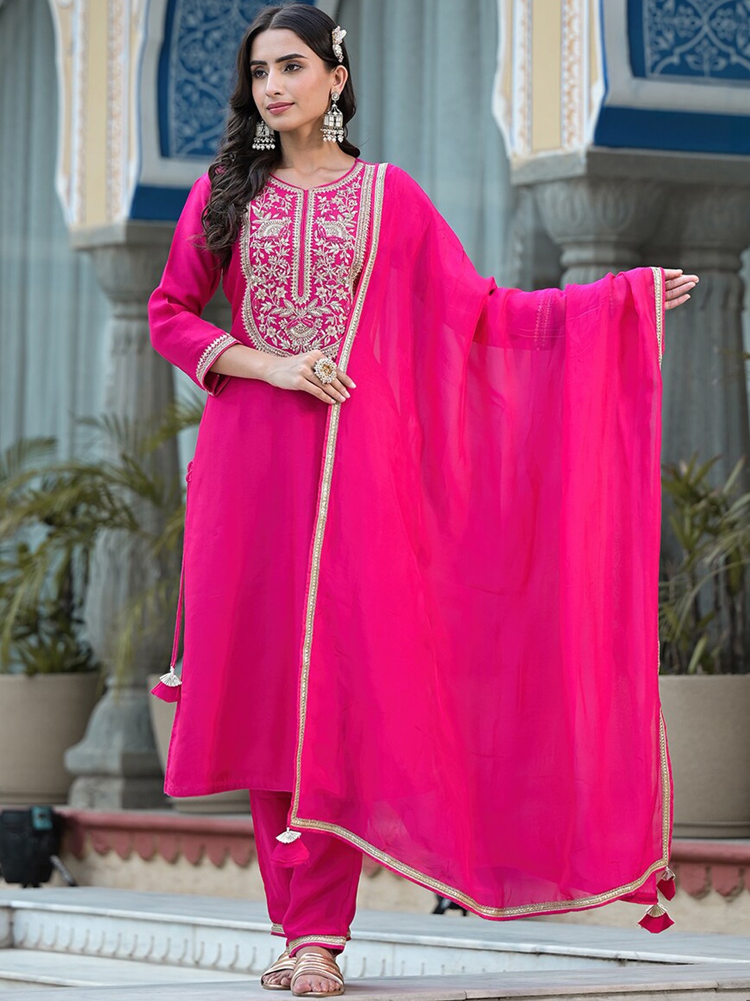 

Divena Ethnic Motifs Embroidered Zardozi Georgette Kurta with Trousers & With Dupatta, Pink