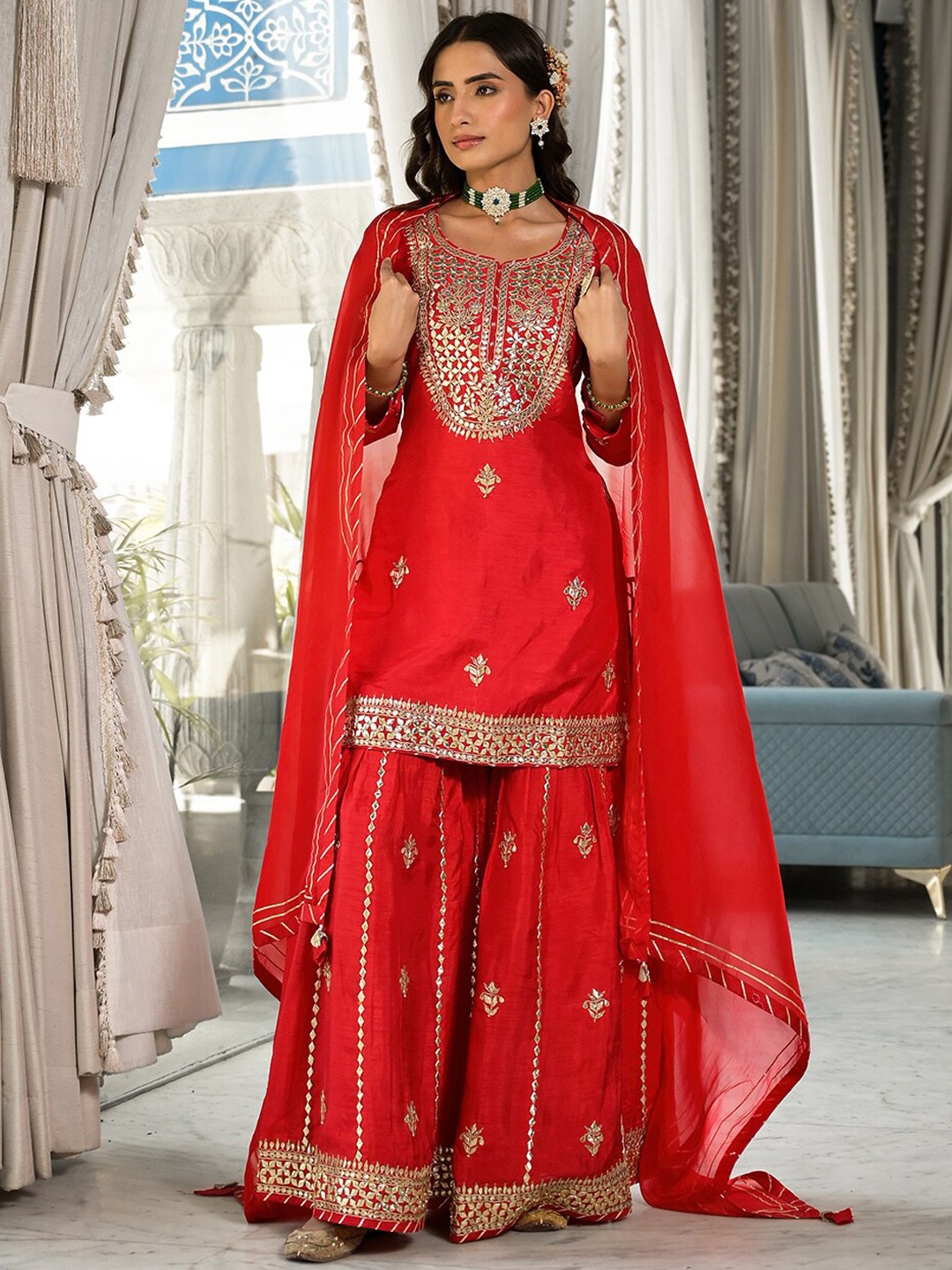 

Divena Floral Embroidered Gotta Patti Pure Silk Kurta with Trousers & Dupatta, Red
