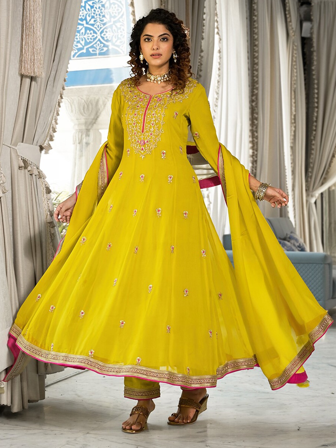

Divena Yoke Design Embroidered Zardozi Georgette Anarkali Kurta With Trousers & Dupatta, Yellow