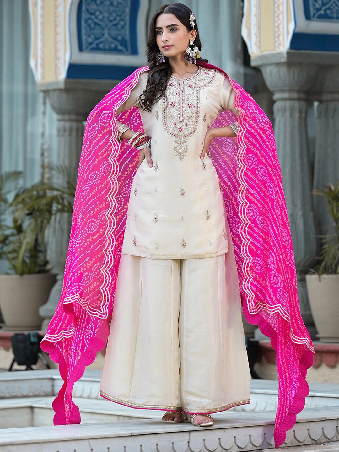 

Divena Yoke Design Embroidered Straight Zardozi Tissue Kurti with Trousers & Dupatta, Cream