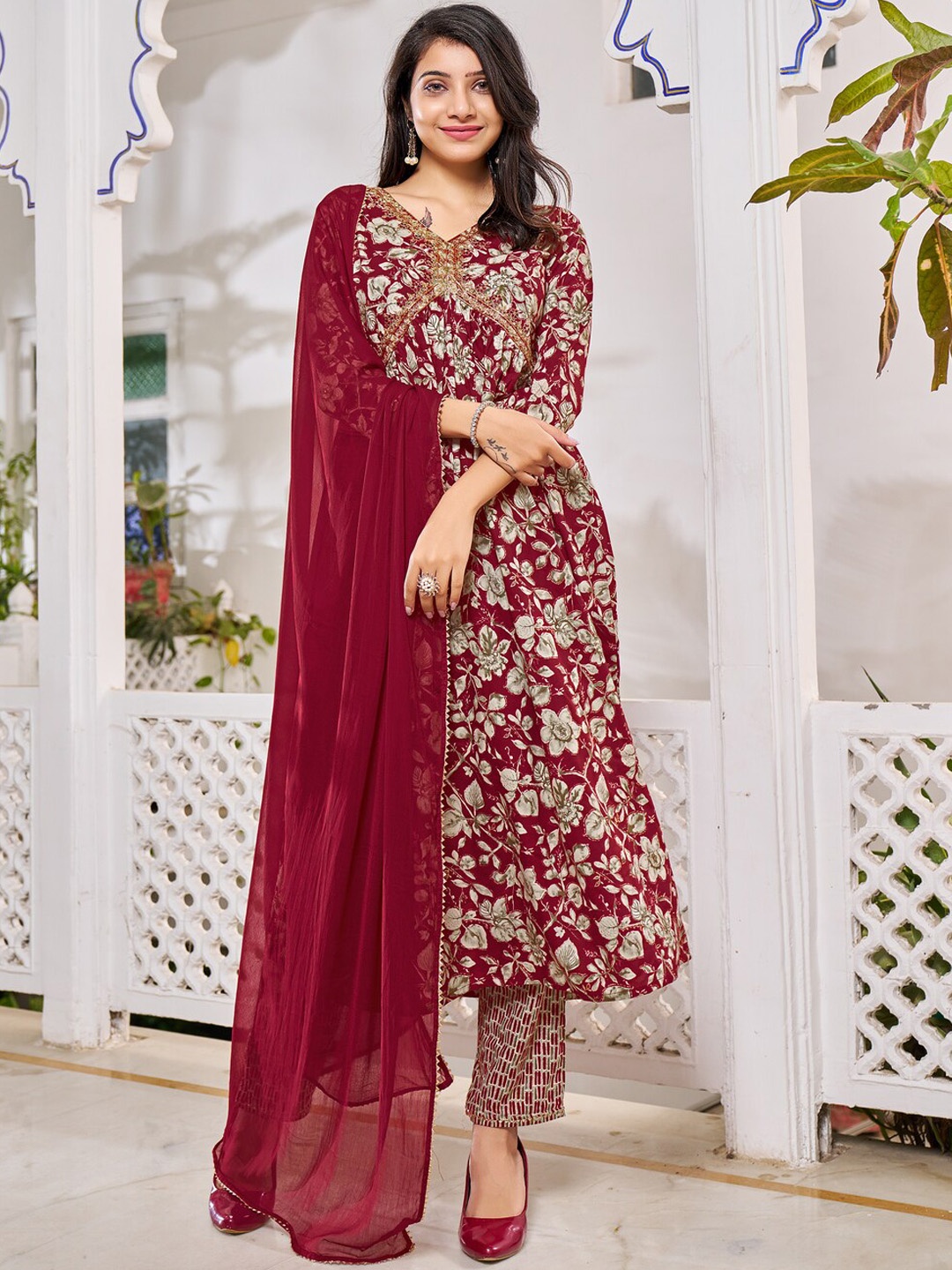 

KALINI Floral Printed Thread Work Detail Empire A-Line Kurta & Trousers With Dupatta, Red