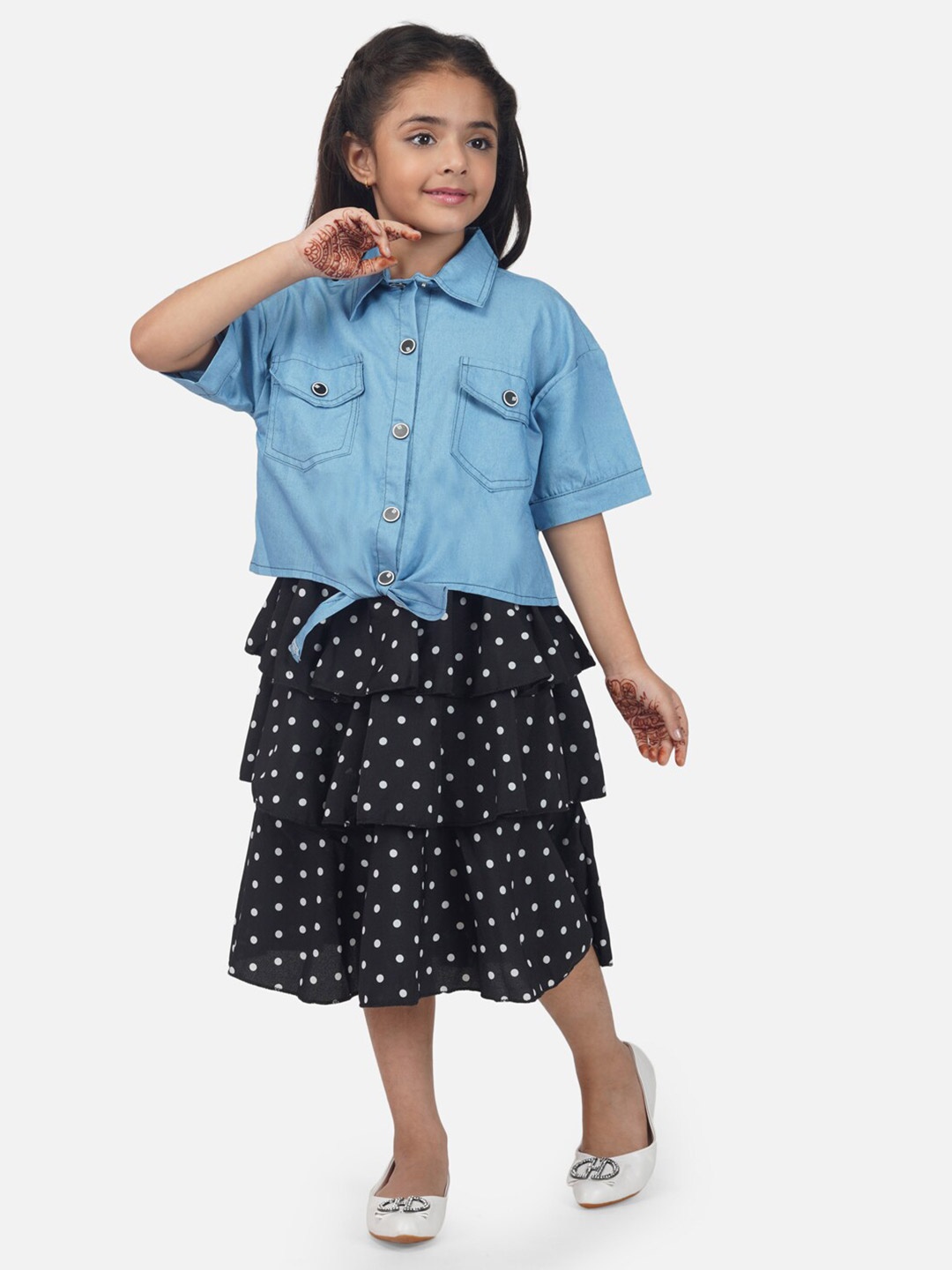 

HERE&NOW Girls Polka Dots Printed Shoulder Straps Layered Fit & Flare Dress With Jacket, Black