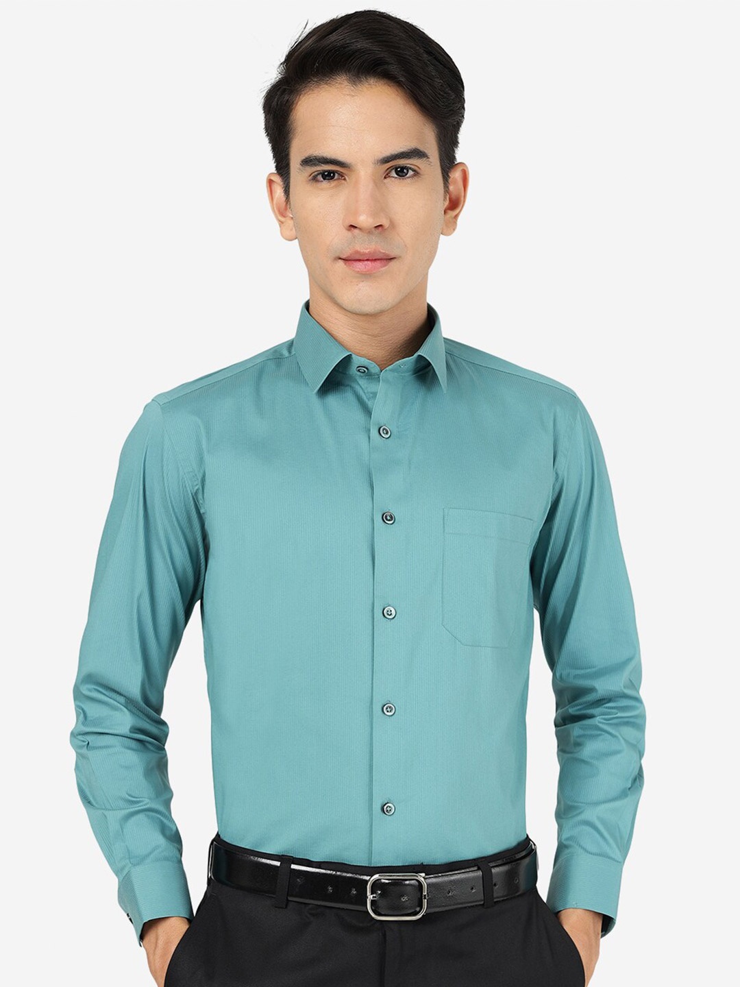 

Greenfibre Striped Spread Collar Long Sleeve Cotton Slim Fit Formal Shirt, Green