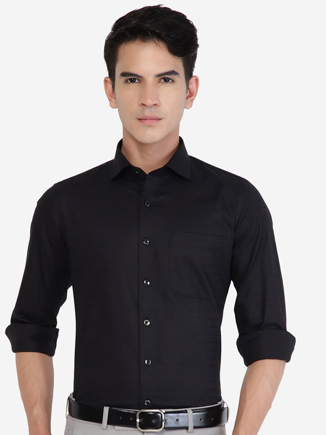 

Greenfibre Ethnic Motifs Printed Spread Collar Long Sleeve Cotton Slim Fit Formal Shirt, Black