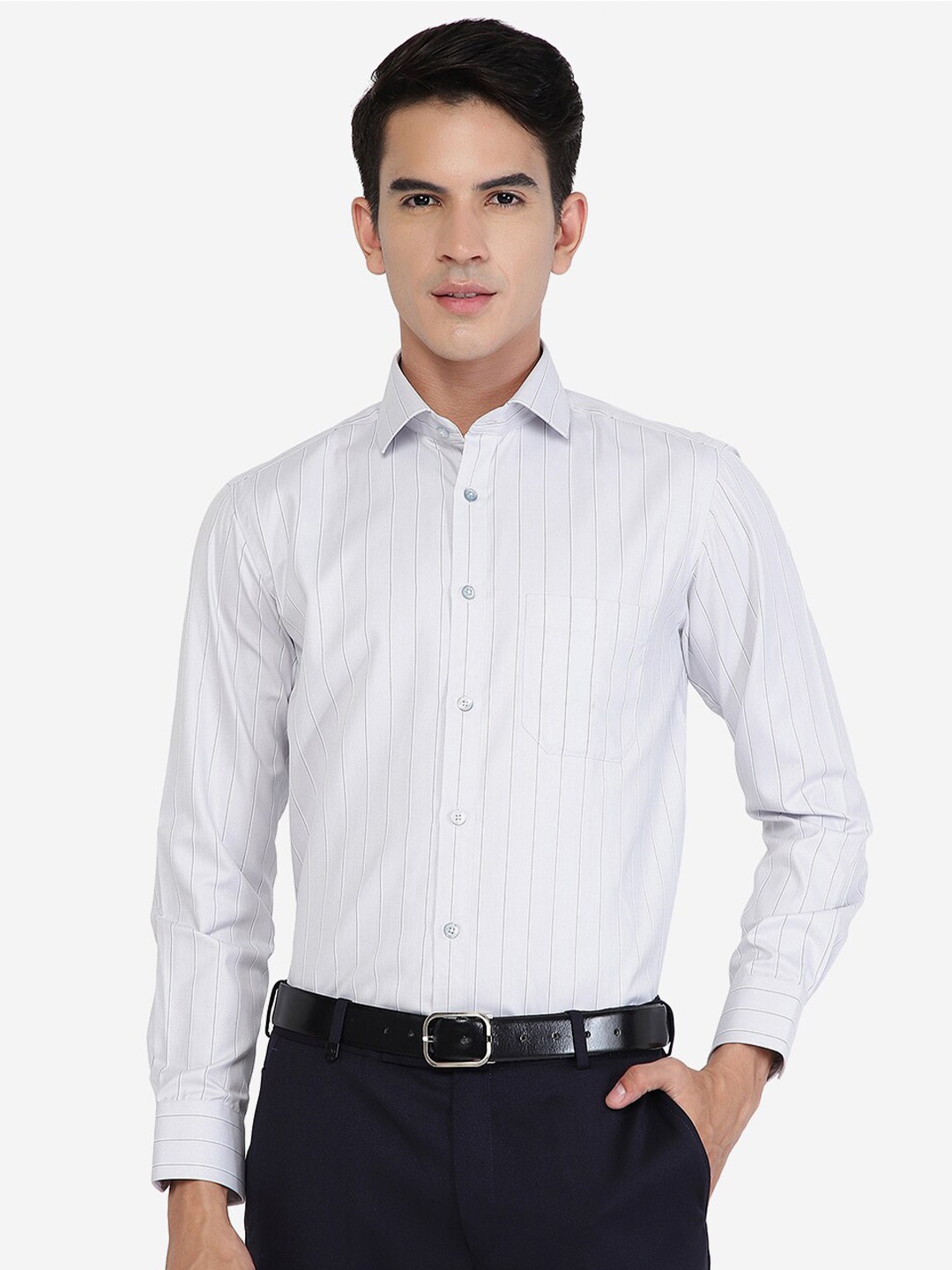 

Greenfibre Slim Fit Vertical Striped Formal Shirt, Grey