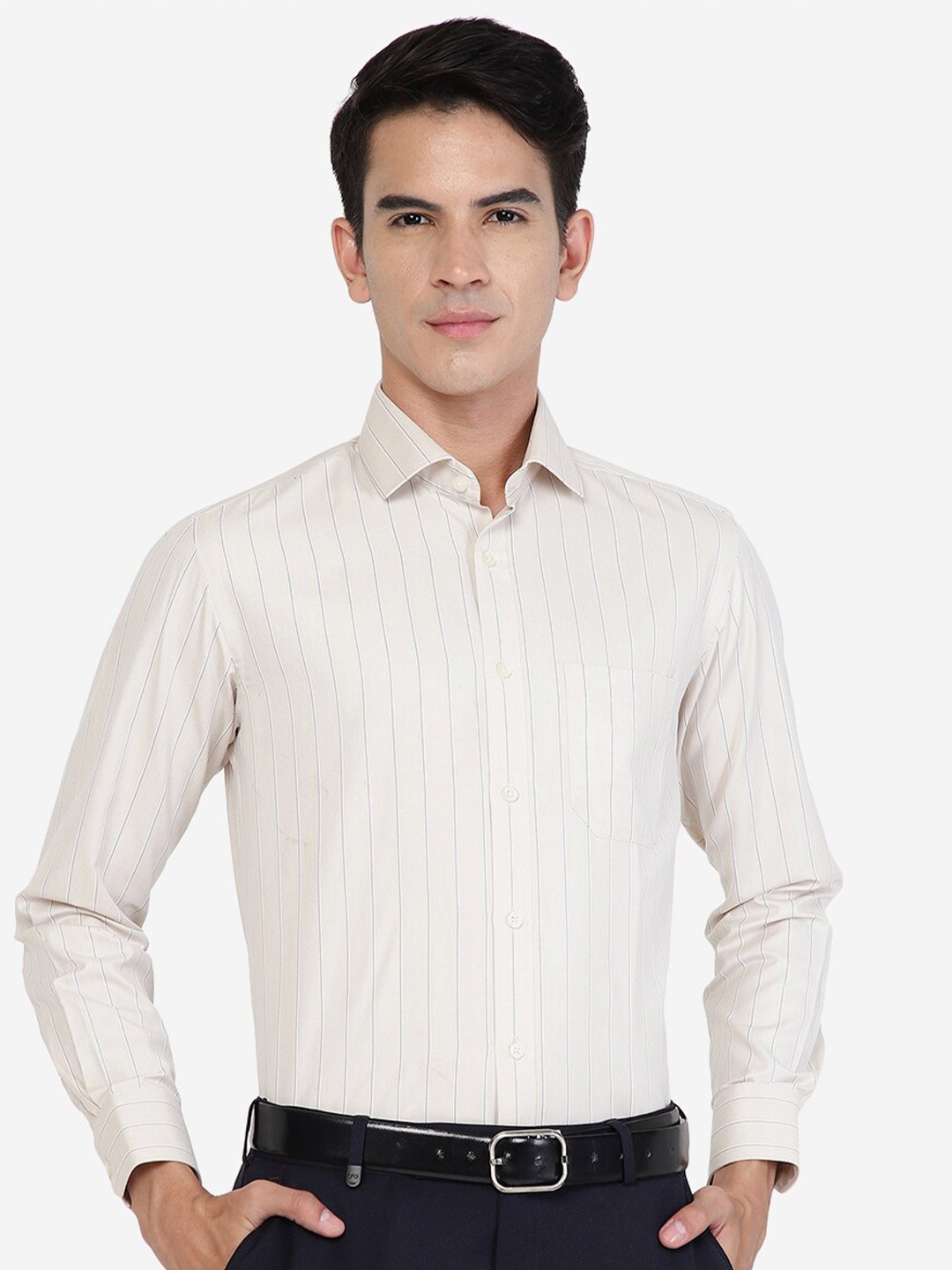 

Greenfibre Slim Fit Vertical Striped Formal Shirt, Beige