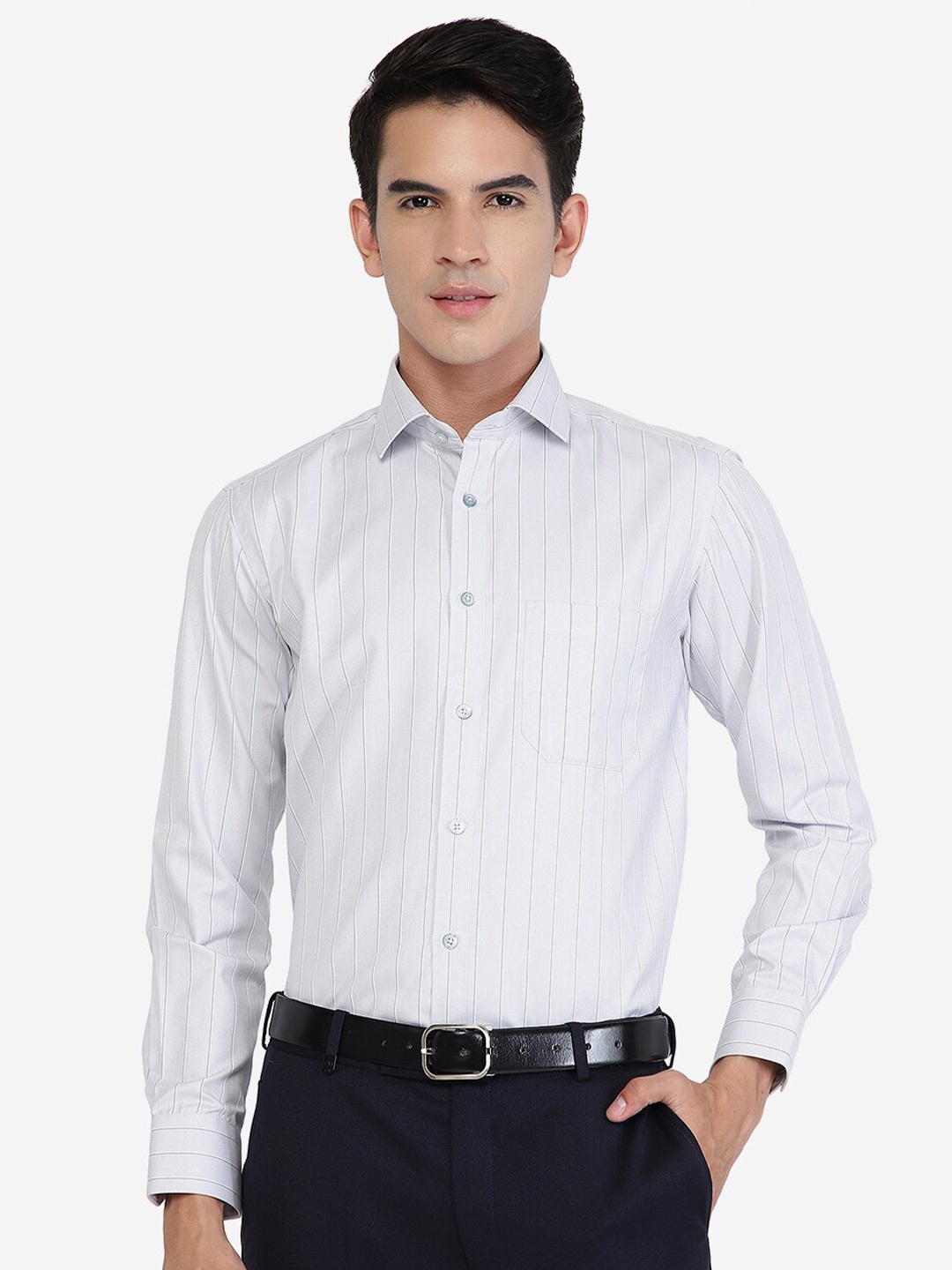 

Greenfibre Vertical Stripes Slim Fit Formal Shirt, Grey