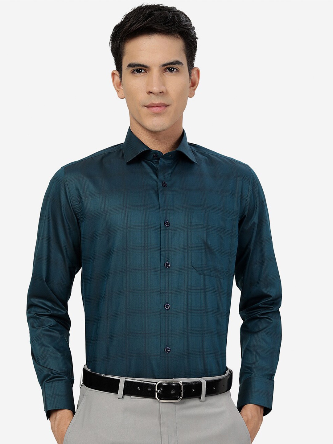 

Greenfibre Checked Pure Cotton Slim Fit Formal Shirt, Teal