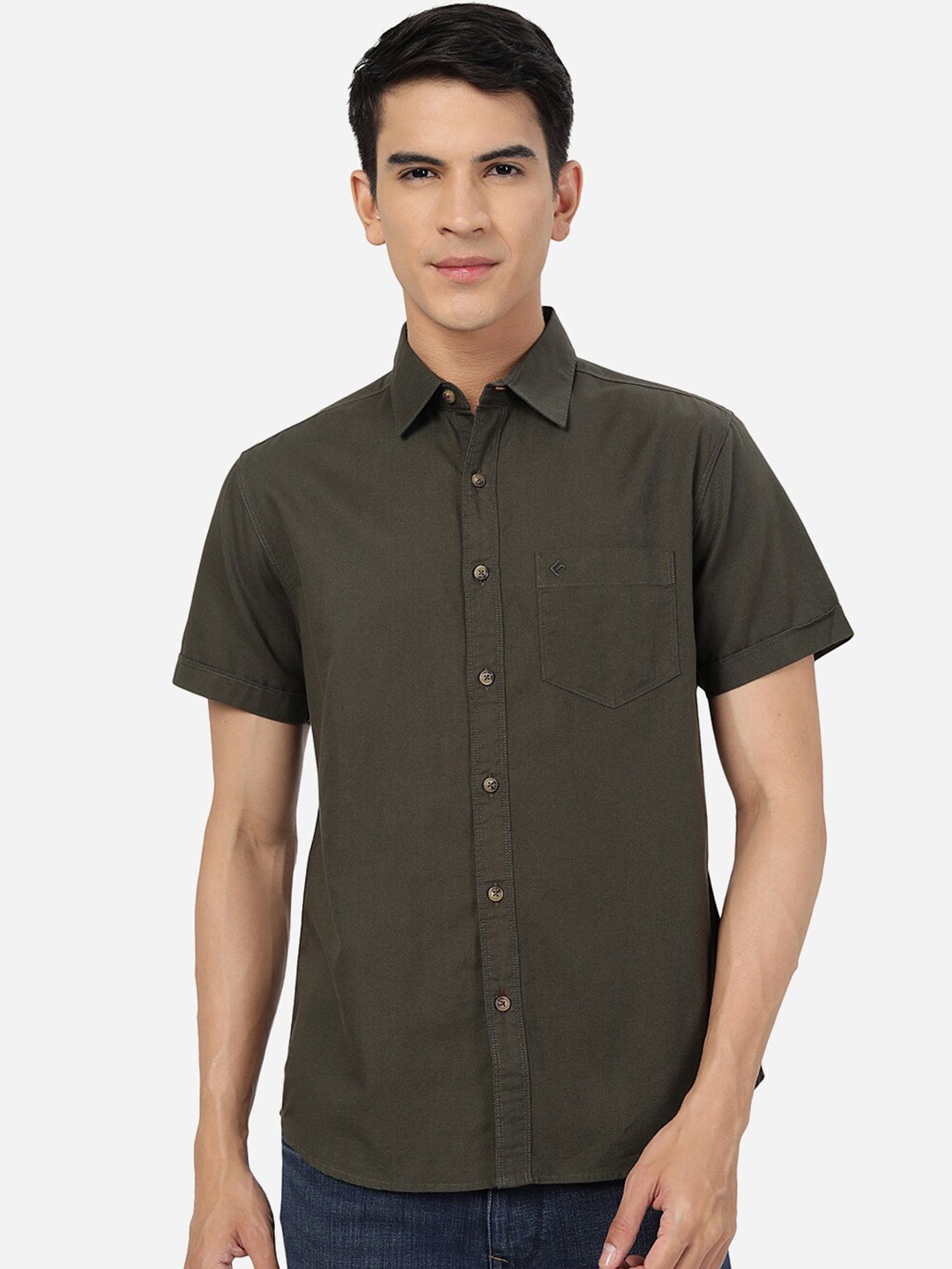 

Greenfibre Spread Collar Cotton Slim Fit Casual Shirt, Olive