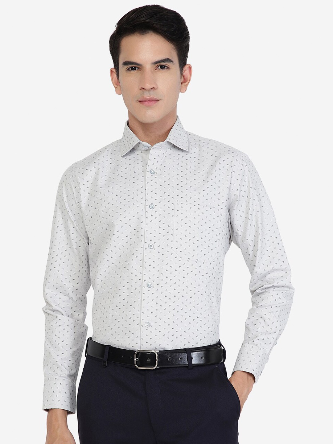 

Greenfibre Geometric Printed Spread Collar Long Sleeve Slim Fit Formal Shirt, Grey