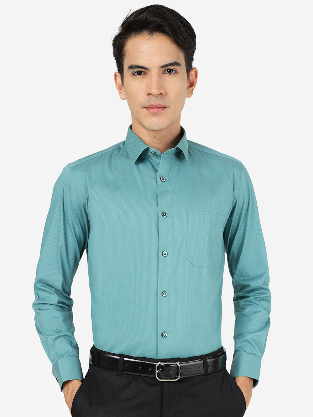 

Greenfibre Slim Fit Pinstripes Cotton Formal Shirt, Sea green