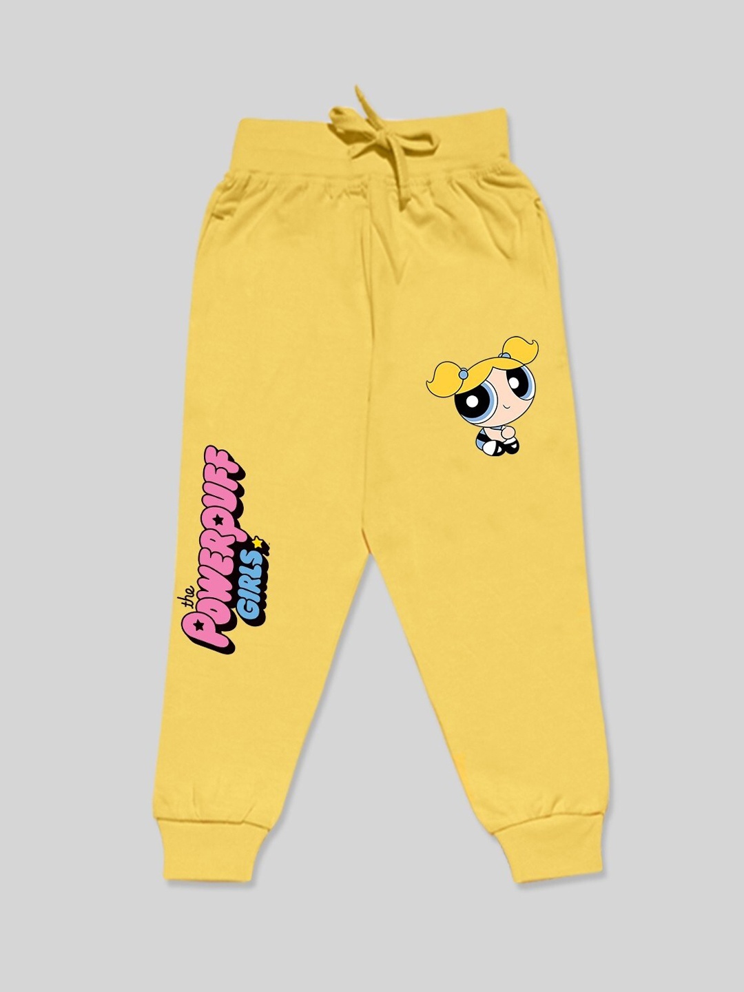 

Minute Mirth Girls Mid Rise Graphic Power Puff Girls Printed Cotton Joggers, Yellow
