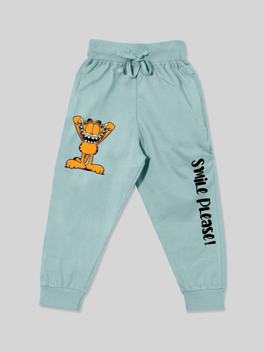 

Minute Mirth Boys Mid Rise Graphic Garfield Printed Cotton Joggers, Green