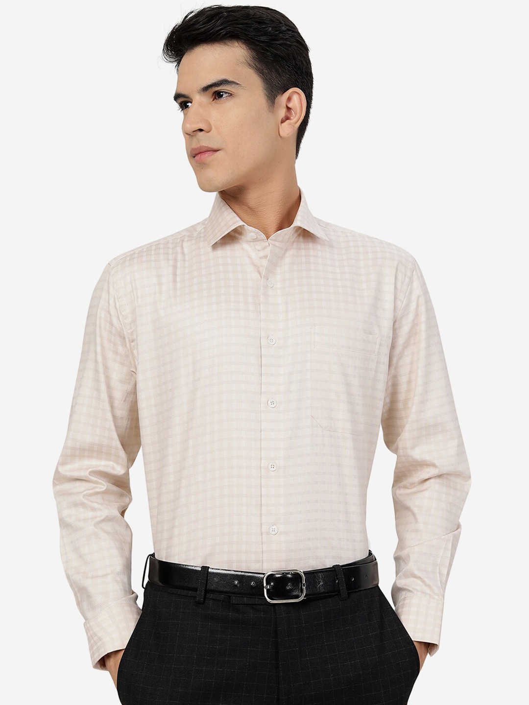 

JADE BLUE Grid Tattersall Checked Spread Collar Pure Cotton Formal Shirt, Cream