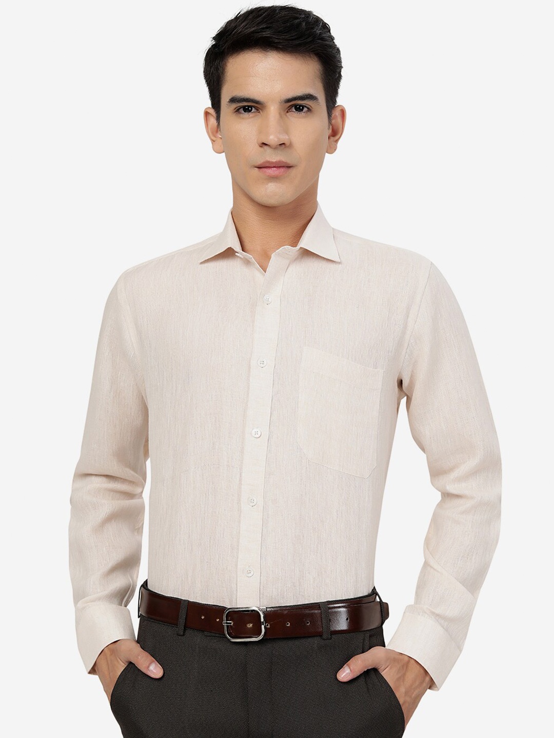 

JADE BLUE Spread Collar Pure Linen Formal Shirt, Beige