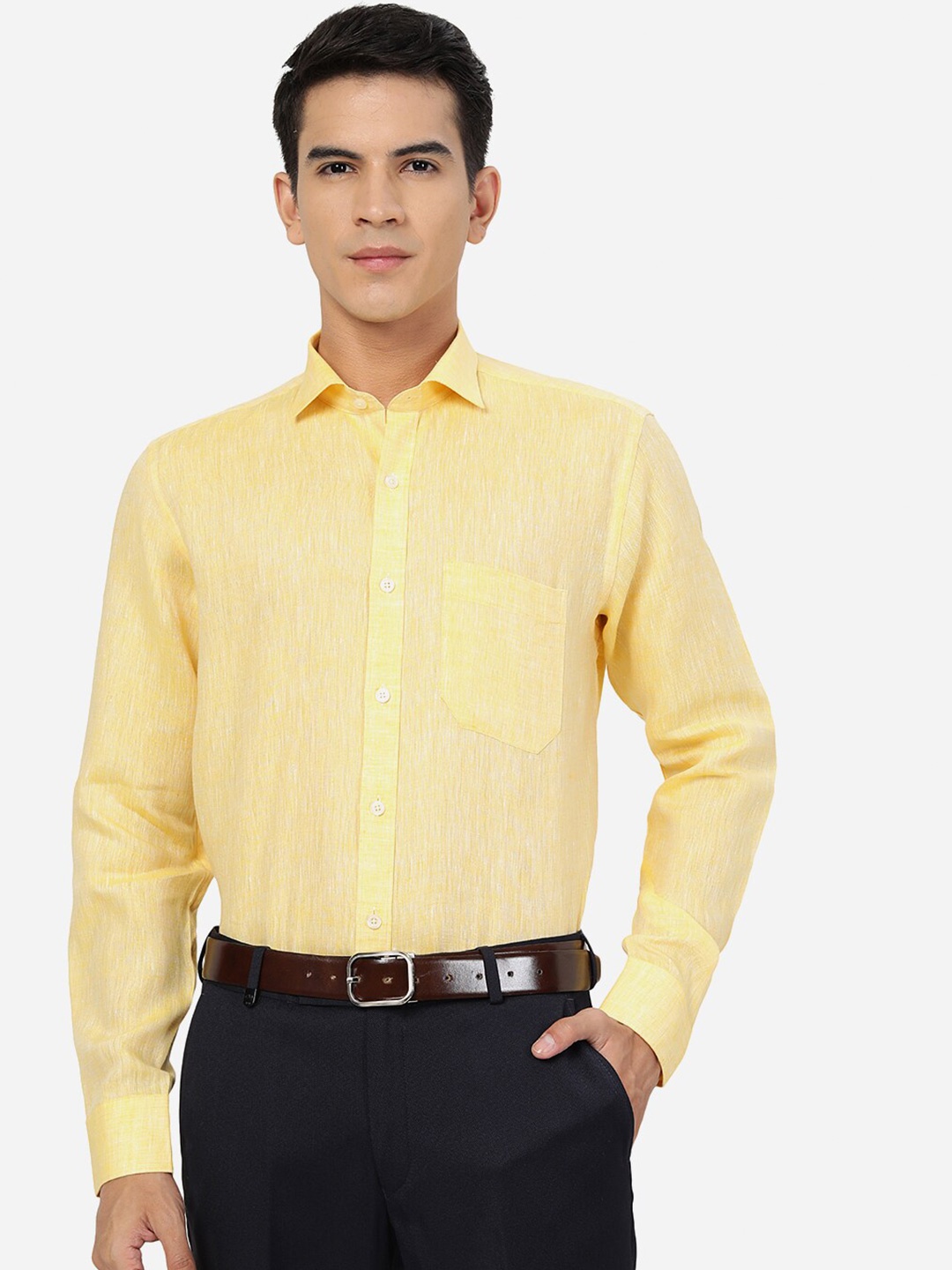 

JADE BLUE Spread Collar Linen Formal Shirt, Yellow