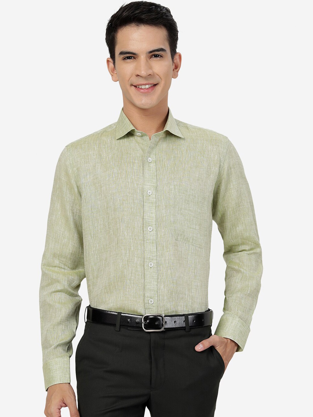 

JADE BLUE Spread Collar Long Sleeves Linen Formal Shirt, Green