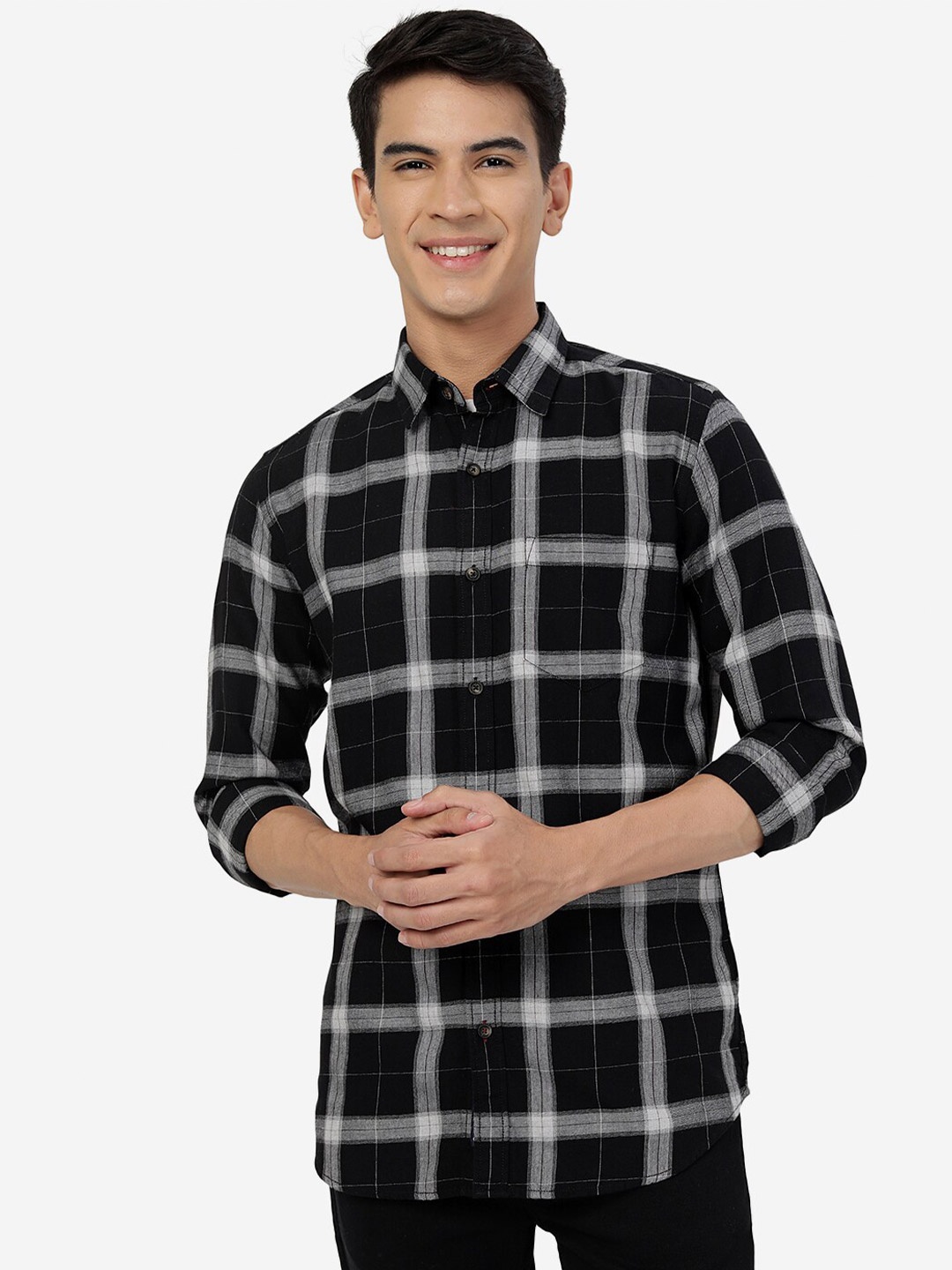 

JADE BLUE Slim Fit Tartan Checked Pure Cotton Casual Shirt, Grey