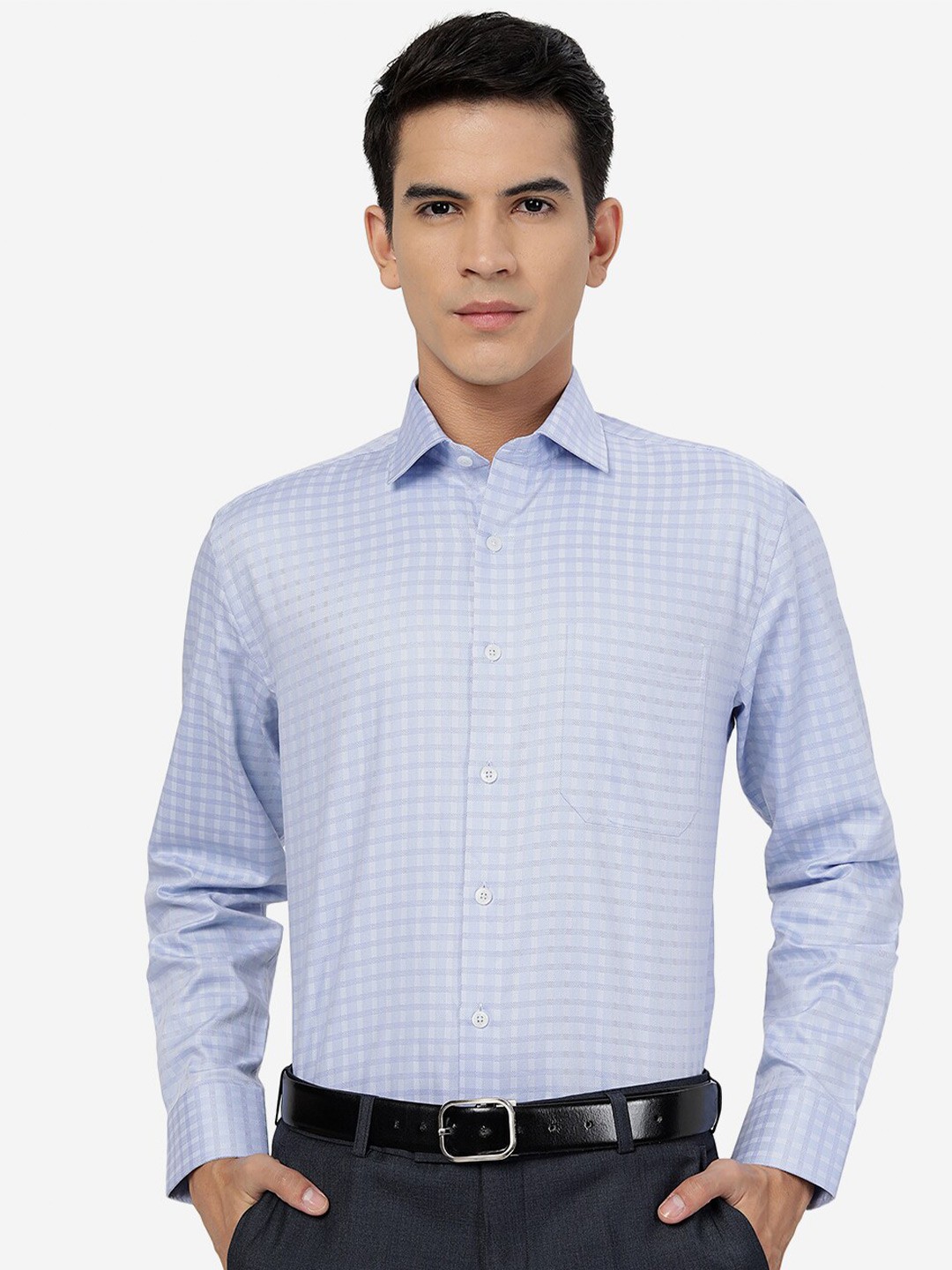 

JADE BLUE Slim Fit Grid Tattersall Checked Pure Cotton Formal Shirt