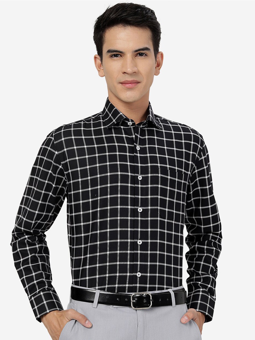 

JADE BLUE Tartan Checked Cotton Formal Shirt, Black