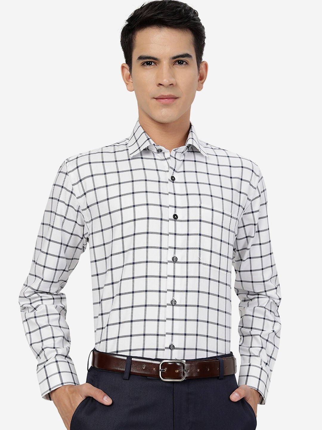 

JADE BLUE Checked Cotton Formal Shirt, White