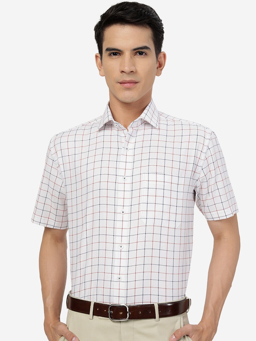 

JADE BLUE Grid Tattersall Checked Slim Fit Pure Cotton Formal Shirt, White