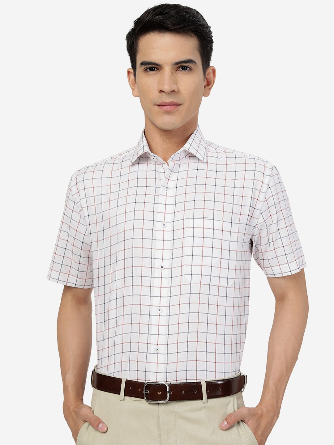 

JADE BLUE Slim Fit Grid Tattersall Checked Pure Cotton Formal Shirt, White