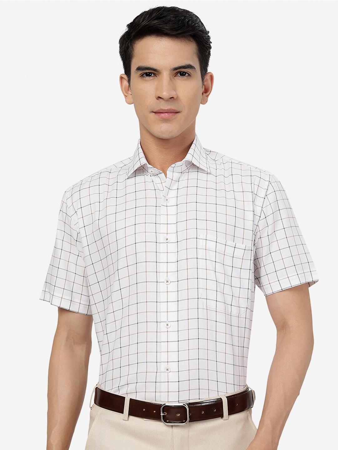 

JADE BLUE Slim Fit Tartan Checked Pure Cotton Formal Shirt, White