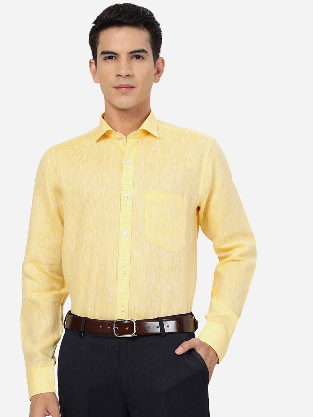 

JADE BLUE Pure Linen Formal Shirt, Yellow