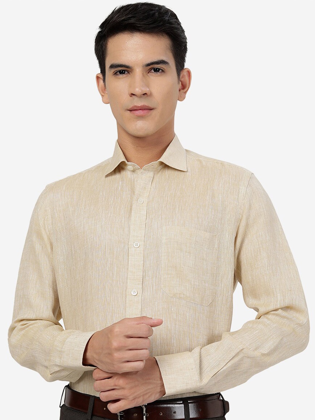 

JADE BLUE Spread Collar Long Sleeves Linen Formal Shirt, Beige