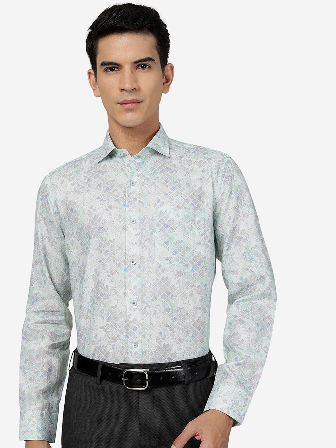 

JADE BLUE Abstract Printed Pure Linen Pure Cotton Formal Shirt, Green