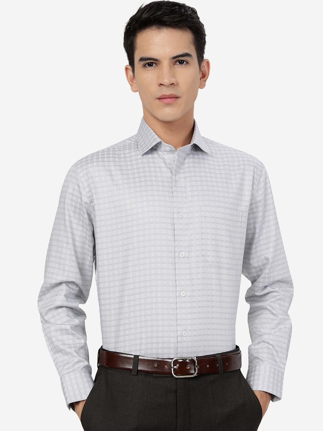 

JADE BLUE Checked Pure Cotton Formal Shirt, Grey