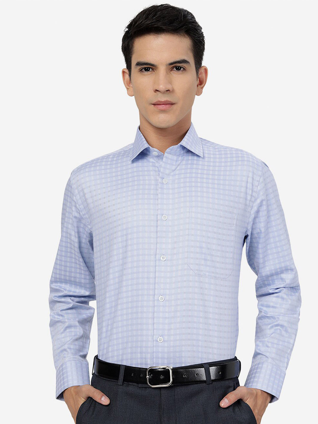 

JADE BLUE Slim Fit Grid Tattersall Checked Pure Cotton Formal Shirt