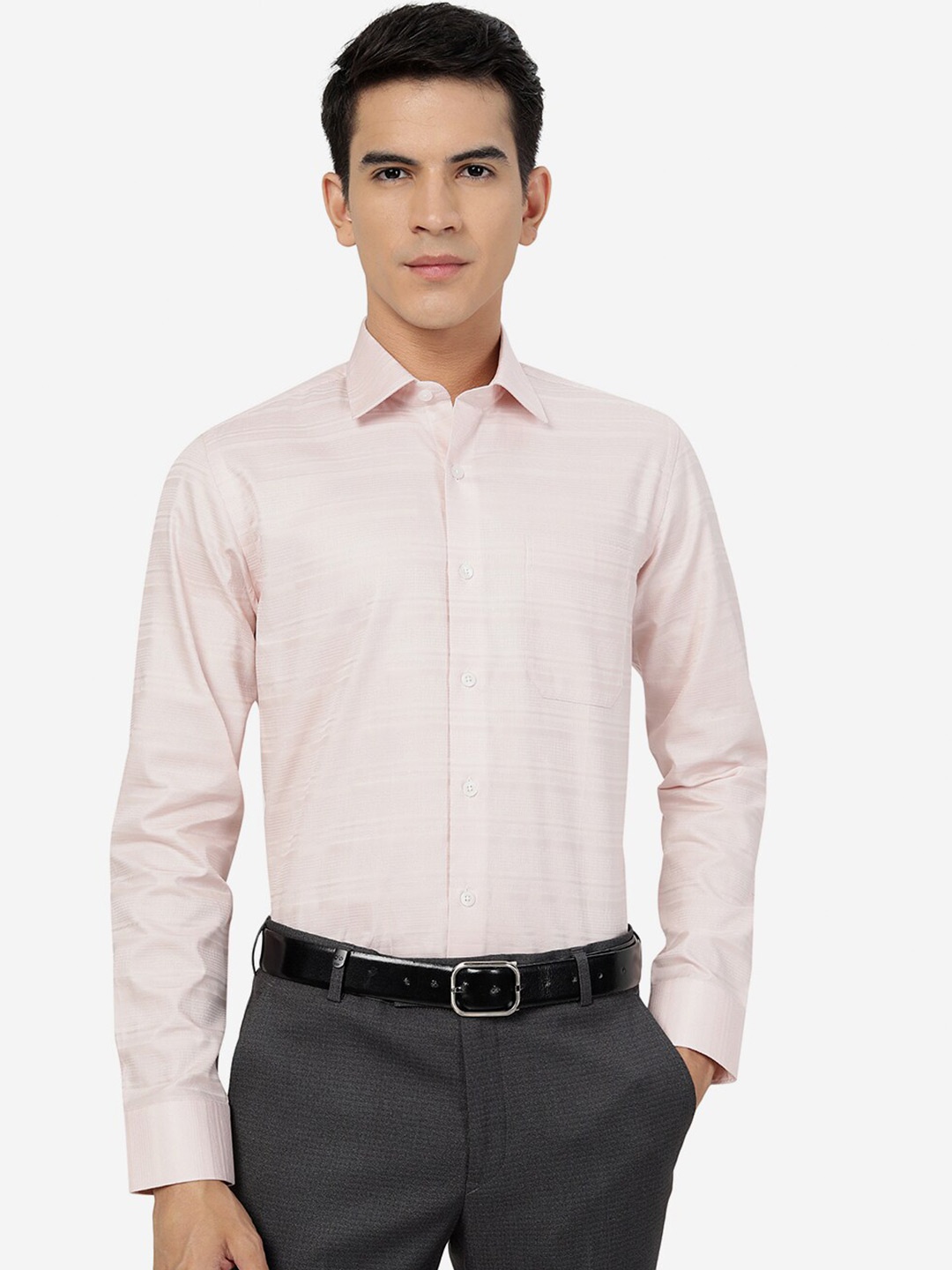 

JADE BLUE Horizontal Striped Slim Fit Pure Cotton Formal Shirt, Peach