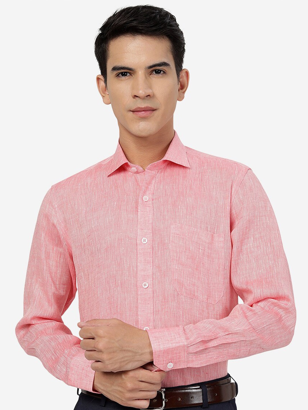 

JADE BLUE Spread Collar Pure Linen Formal Shirt, Pink