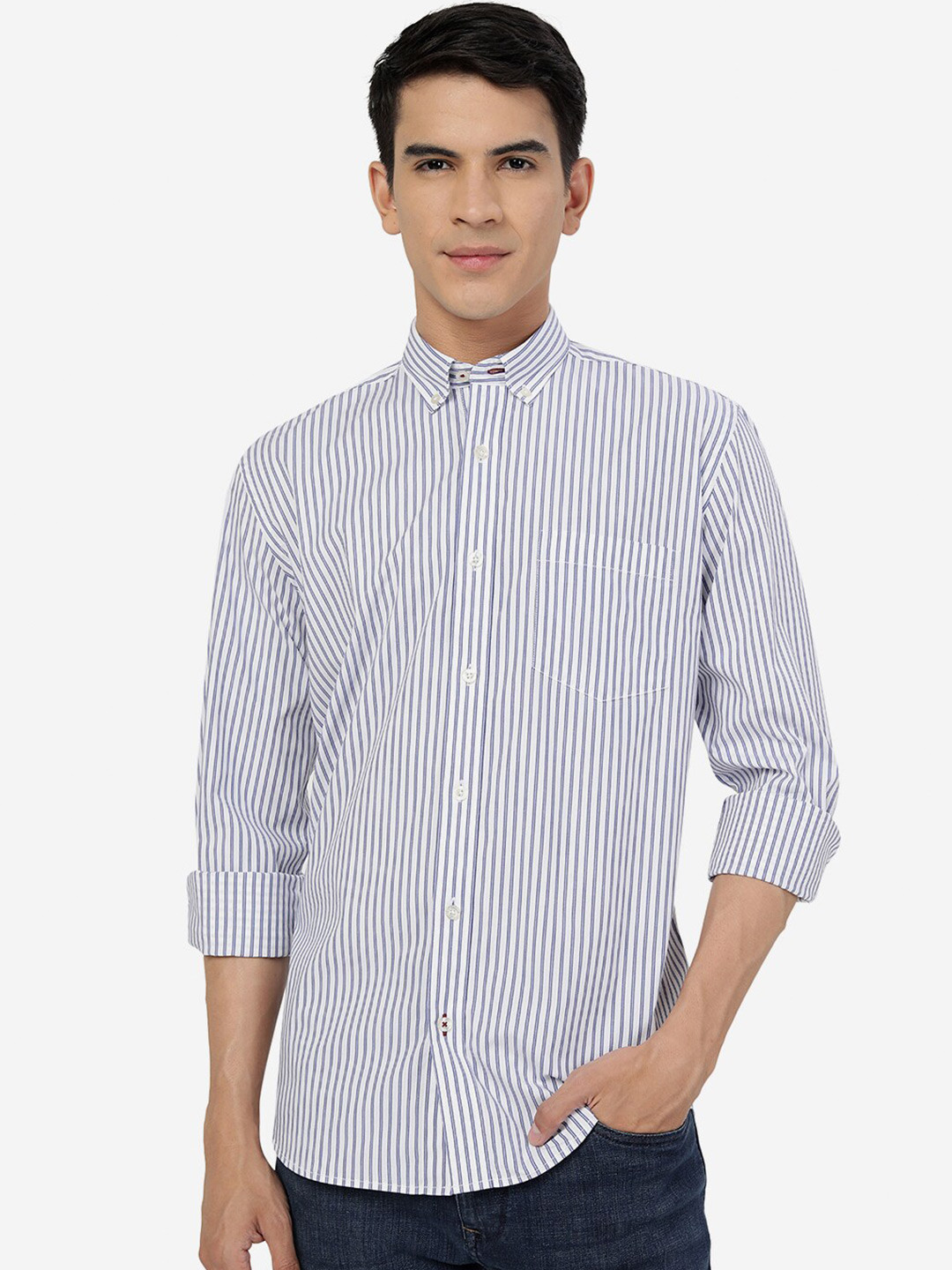 

JADE BLUE Slim Fit Vertical Striped Pure Cotton Casual Shirt, White