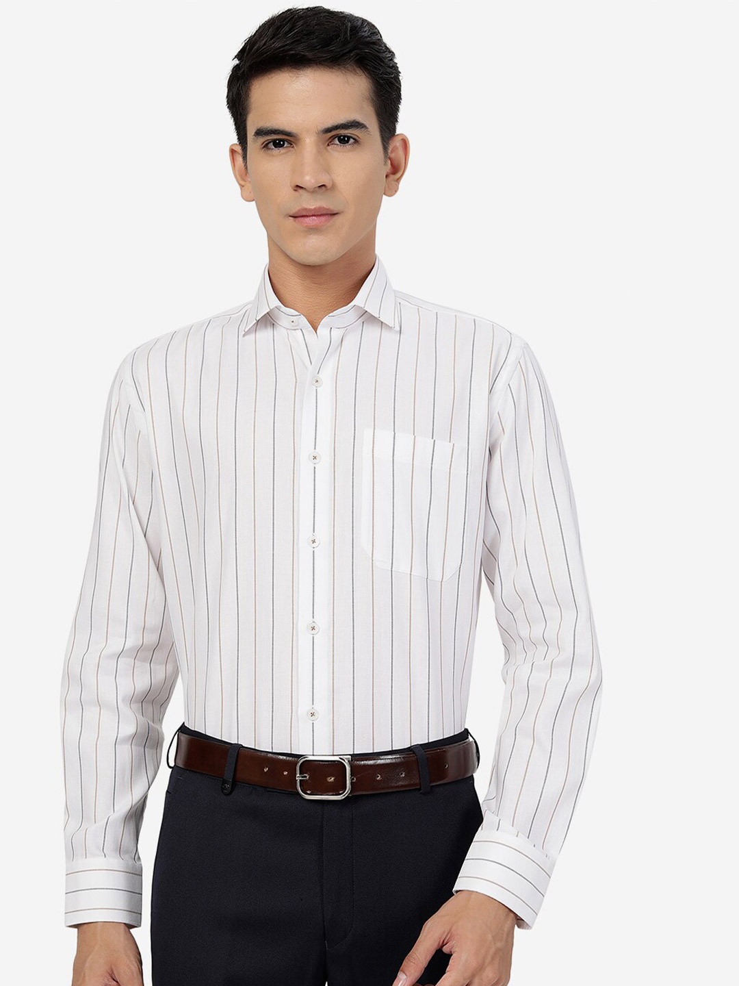 

JADE BLUE Vertical Striped Cotton Formal Shirt, White