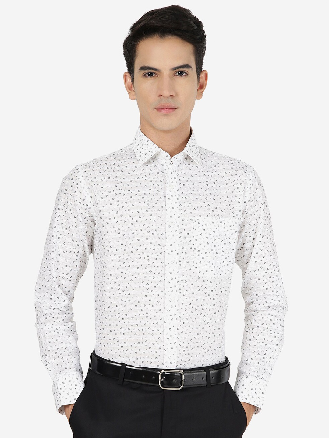 

JADE BLUE Floral Printed Slim Fit Pure Cotton Formal Shirt, White