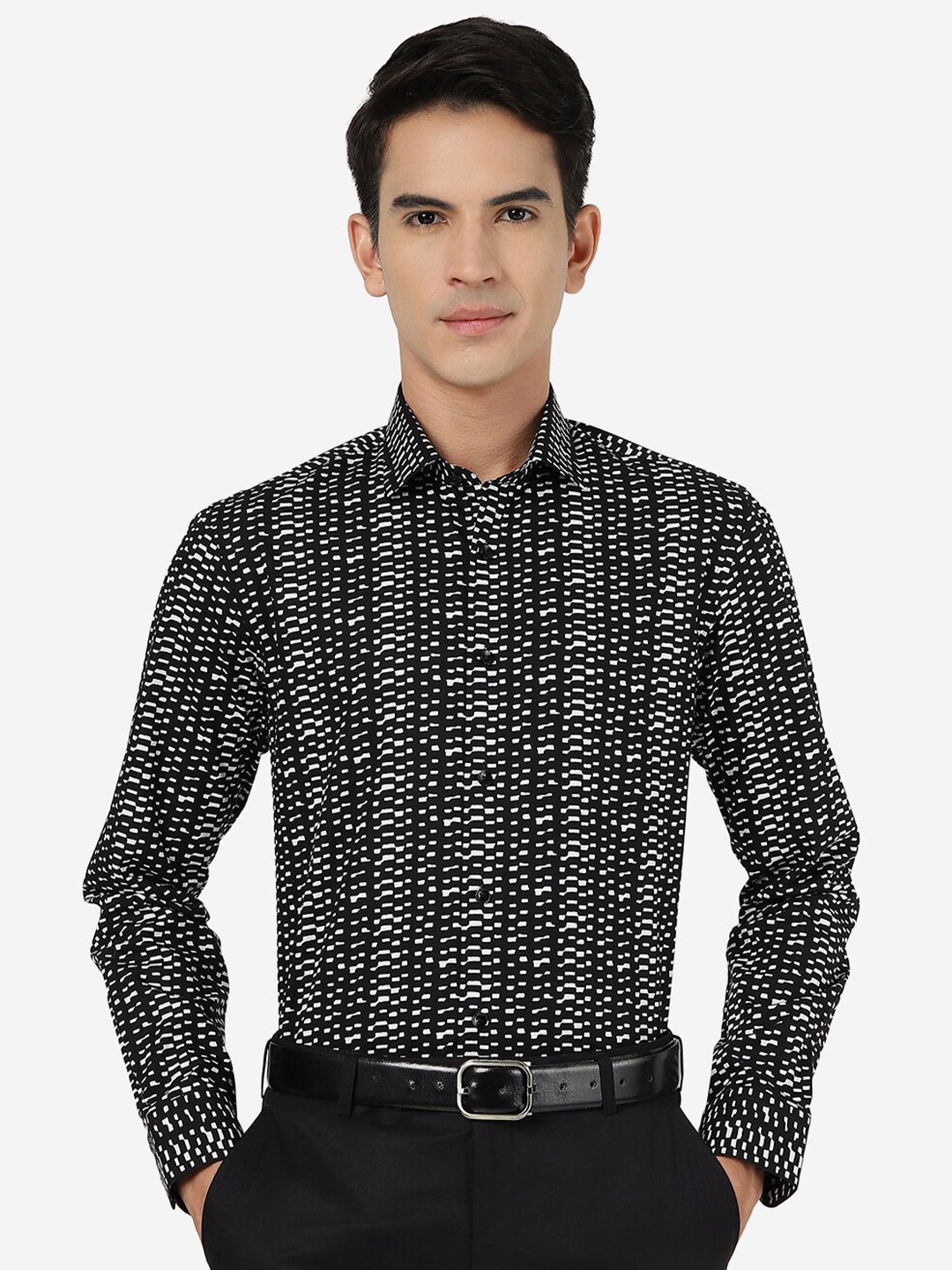 

JB STUDIO Slim Fit Abstract Printed Pure Cotton Party Shirt, Black