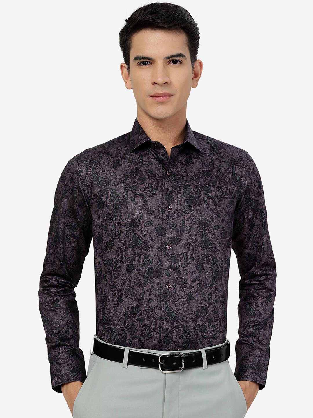 

JB STUDIO Slim Fit Floral Printed Pure Cotton Party Shirt, Burgundy
