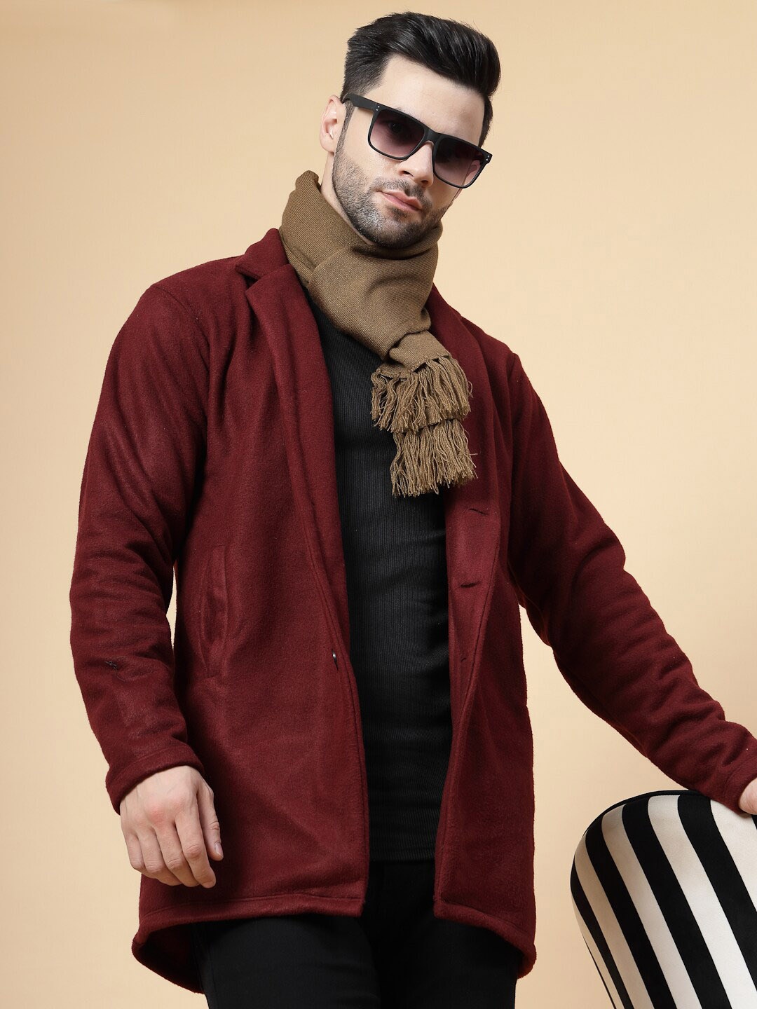 

Rigo Double-Breasted Notched Lapel Collar Wool Overcoat, Maroon