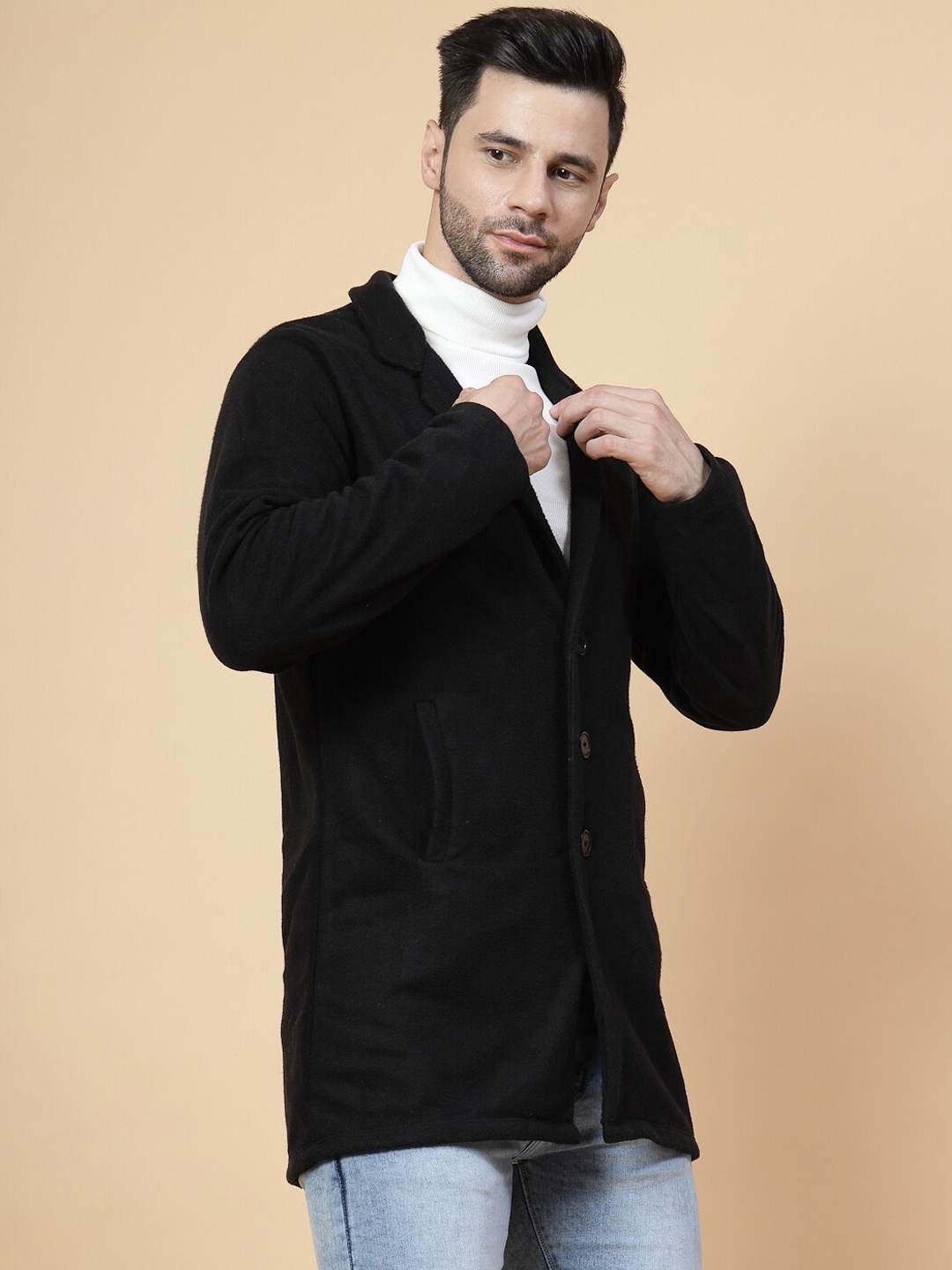 

Rigo Double Breasted Notched Lapel Collar Wool Overcoat, Black